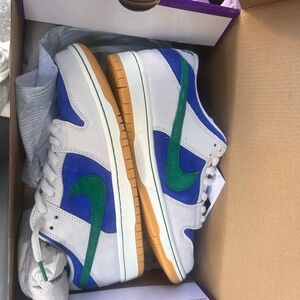 Nike White and Blue Sneakers with Green Swoosh